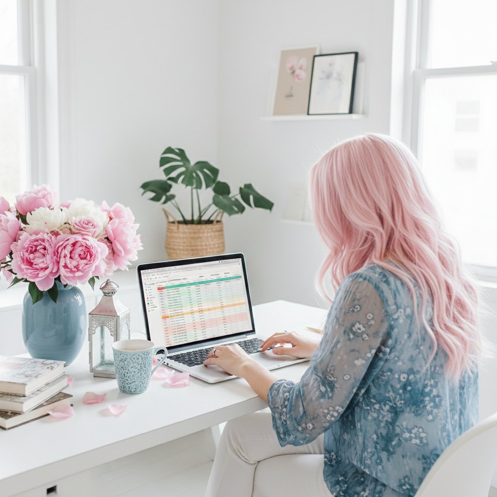 A virtual assistant building client workflows on her laptop beside blush peonies