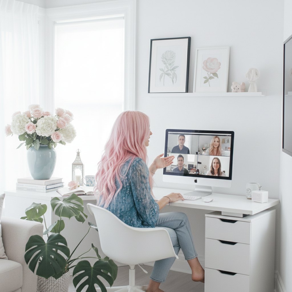 A virtual assistant on a group video call in a light-filled home office
