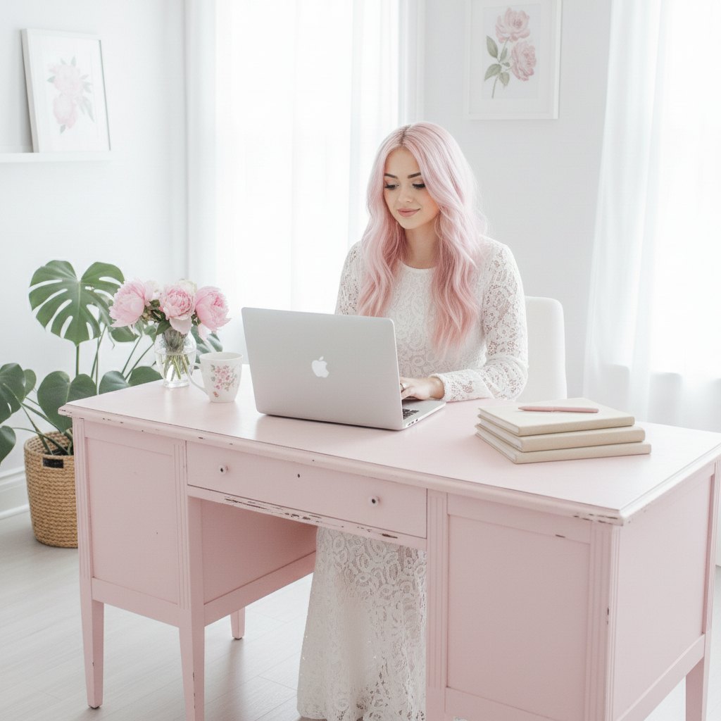 A bright home office with a blush pink desk, peonies and a laptop