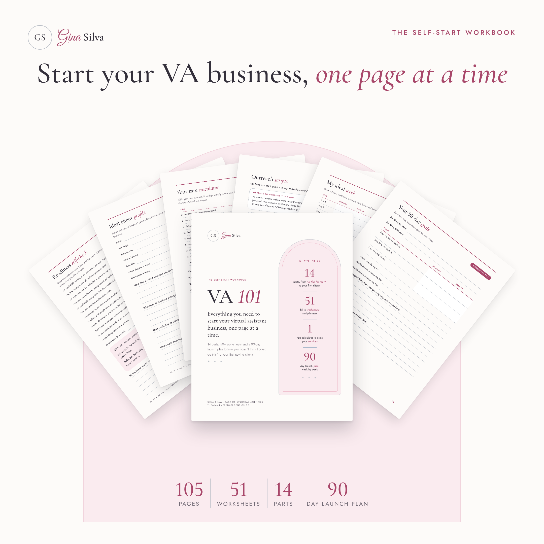 VA 101 workbook pages fanned out: 105 pages, 51 worksheets, 14 parts and a 90-day launch plan
