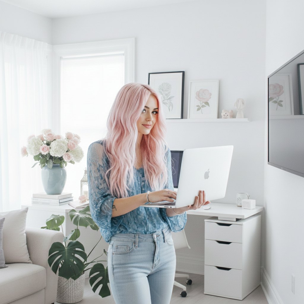 A virtual assistant holding her laptop in a bright, plant-filled home office