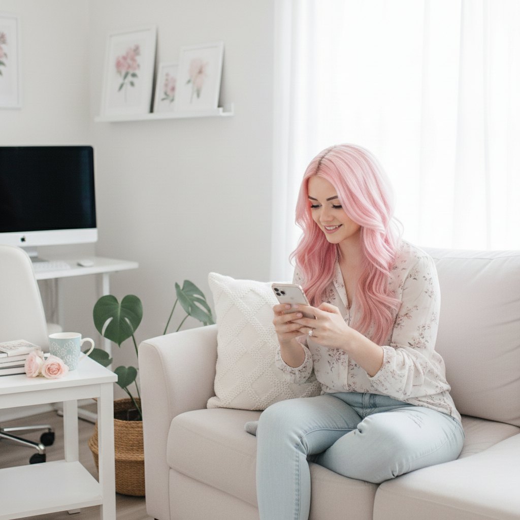 A virtual assistant relaxing on a white sofa while checking her phone