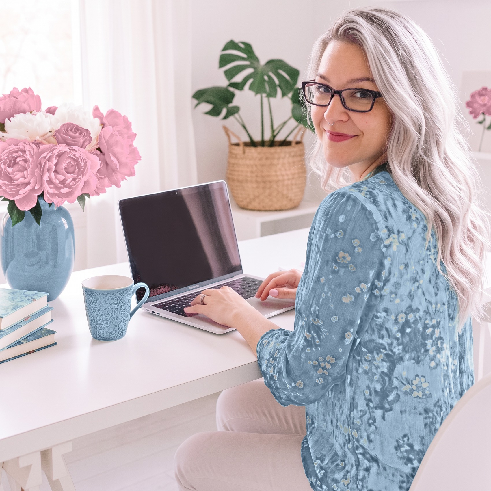 Gina Silva, AI coach for virtual assistants, with long silver hair, smiling in her bright home office